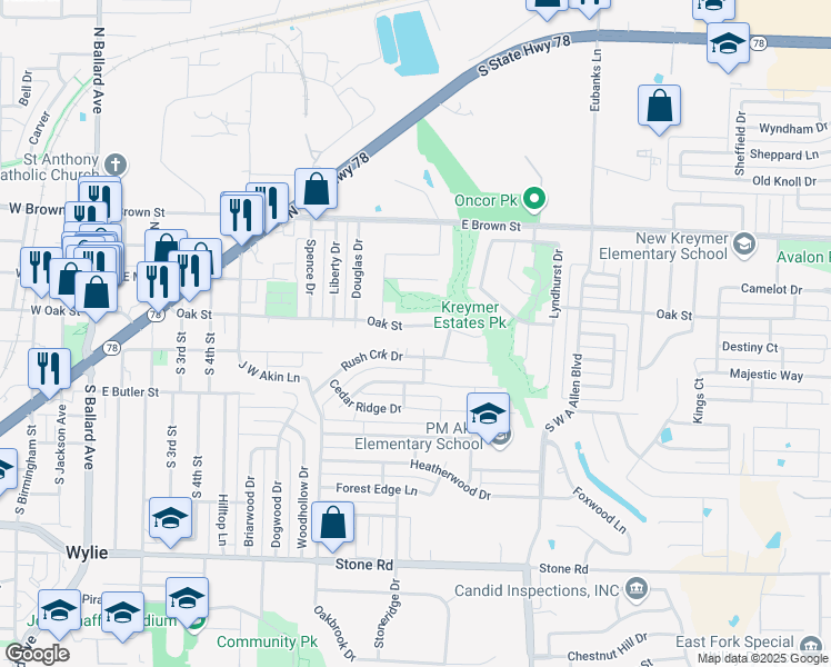 map of restaurants, bars, coffee shops, grocery stores, and more near 910 Oak Street in Wylie