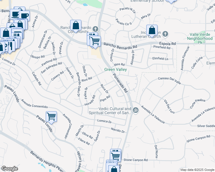 map of restaurants, bars, coffee shops, grocery stores, and more near 12535 Horado Road in San Diego
