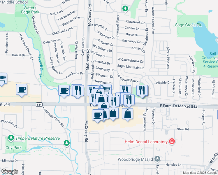 map of restaurants, bars, coffee shops, grocery stores, and more near 3406 Oleander Drive in Wylie