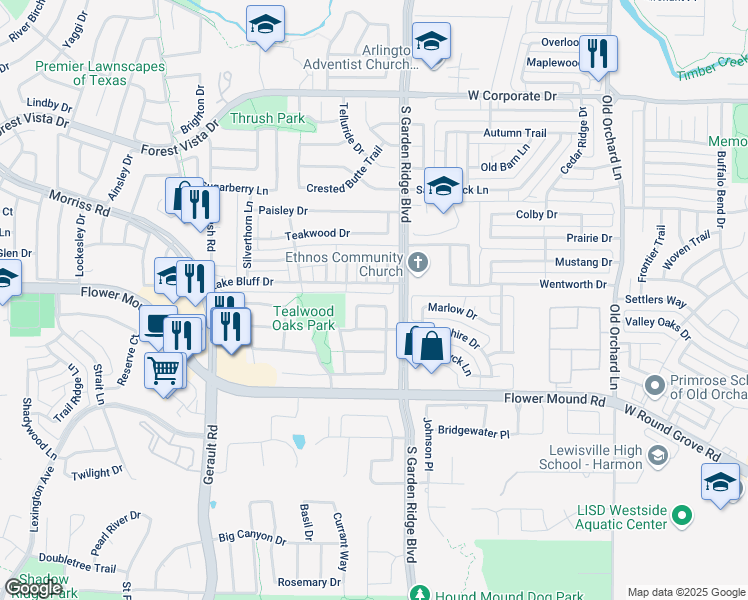 map of restaurants, bars, coffee shops, grocery stores, and more near 608 Autumn Lane in Flower Mound