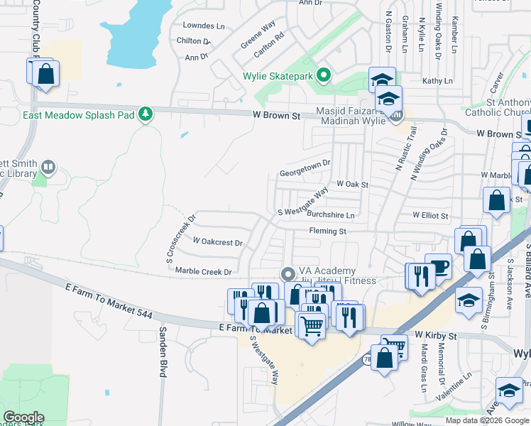 map of restaurants, bars, coffee shops, grocery stores, and more near 904 Fleming Street in Wylie
