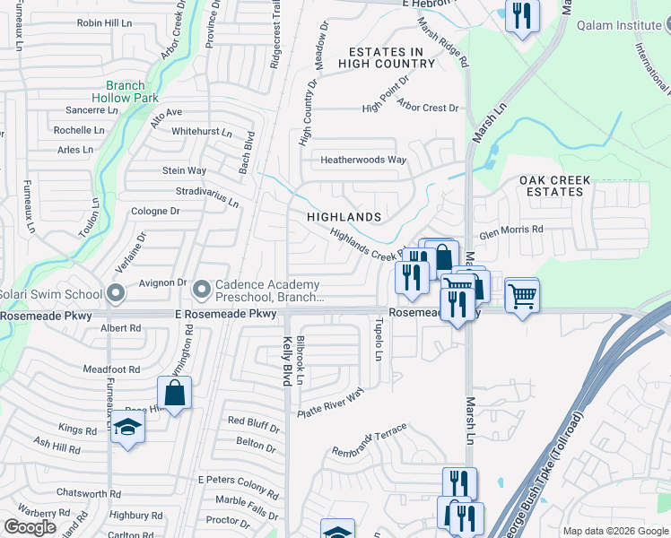 map of restaurants, bars, coffee shops, grocery stores, and more near 2317 Castle Rock Road in Carrollton