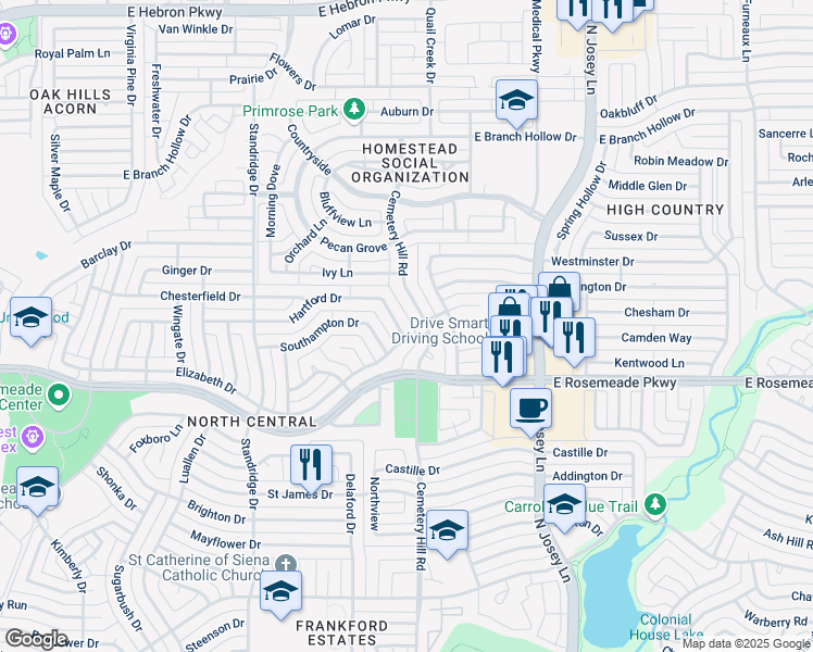 map of restaurants, bars, coffee shops, grocery stores, and more near 1755 Hartford Drive in Carrollton