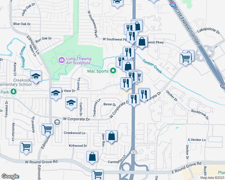 map of restaurants, bars, coffee shops, grocery stores, and more near 146 Valley View Drive in Lewisville