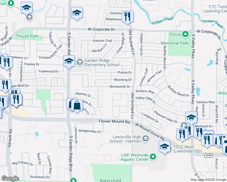 map of restaurants, bars, coffee shops, grocery stores, and more near 170 Quince Drive in Flower Mound
