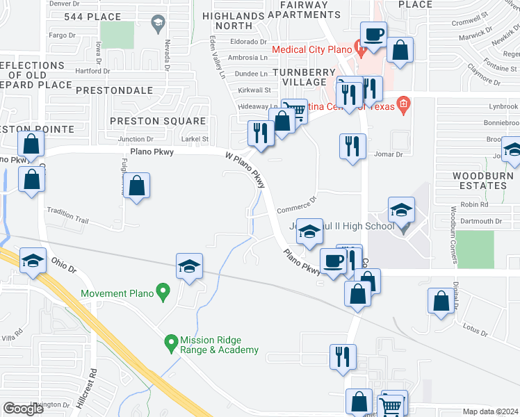 map of restaurants, bars, coffee shops, grocery stores, and more near 4116 West Plano Parkway in Plano