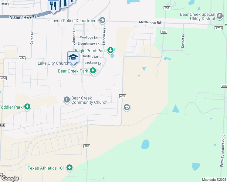 map of restaurants, bars, coffee shops, grocery stores, and more near 10122-11272 County Road 483 in Lavon