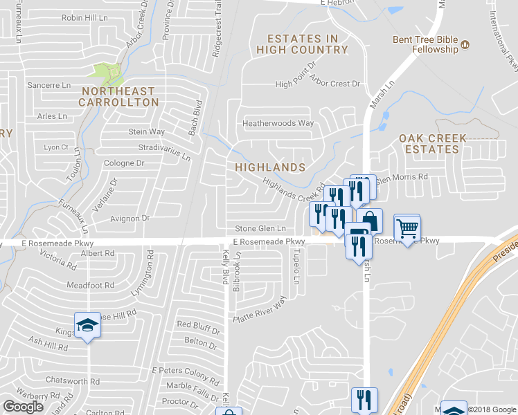 map of restaurants, bars, coffee shops, grocery stores, and more near 2317 Castle Rock Road in Carrollton