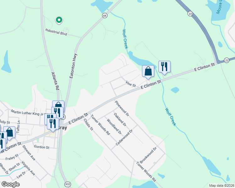 map of restaurants, bars, coffee shops, grocery stores, and more near 199 East Clinton Street in Gray