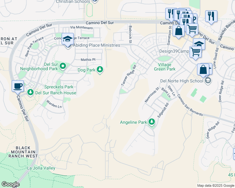 map of restaurants, bars, coffee shops, grocery stores, and more near 15544 Tanner Ridge Court in San Diego