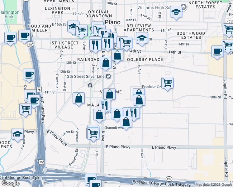 map of restaurants, bars, coffee shops, grocery stores, and more near 1006 Municipal Avenue in Plano