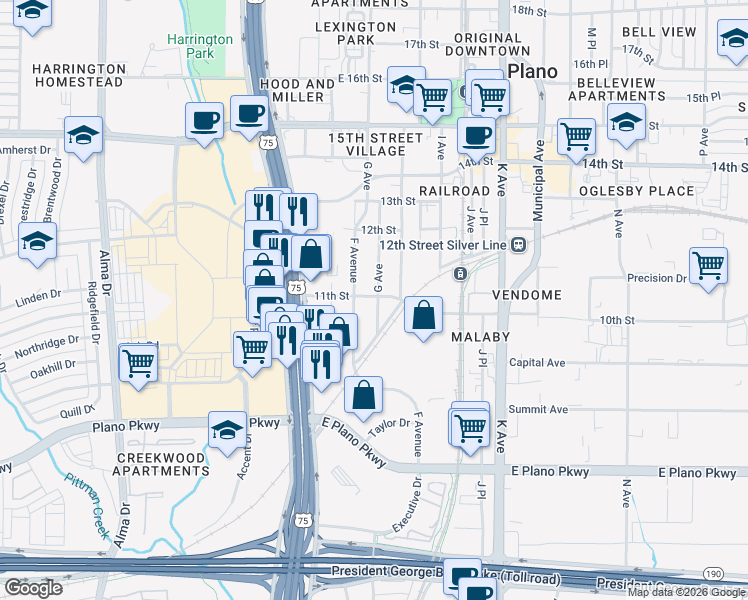 map of restaurants, bars, coffee shops, grocery stores, and more near 1029 G Avenue in Plano