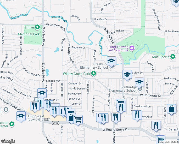 map of restaurants, bars, coffee shops, grocery stores, and more near 2033 Camelot Drive in Lewisville