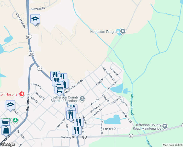 map of restaurants, bars, coffee shops, grocery stores, and more near 2348 Middle Ground Road in Louisville