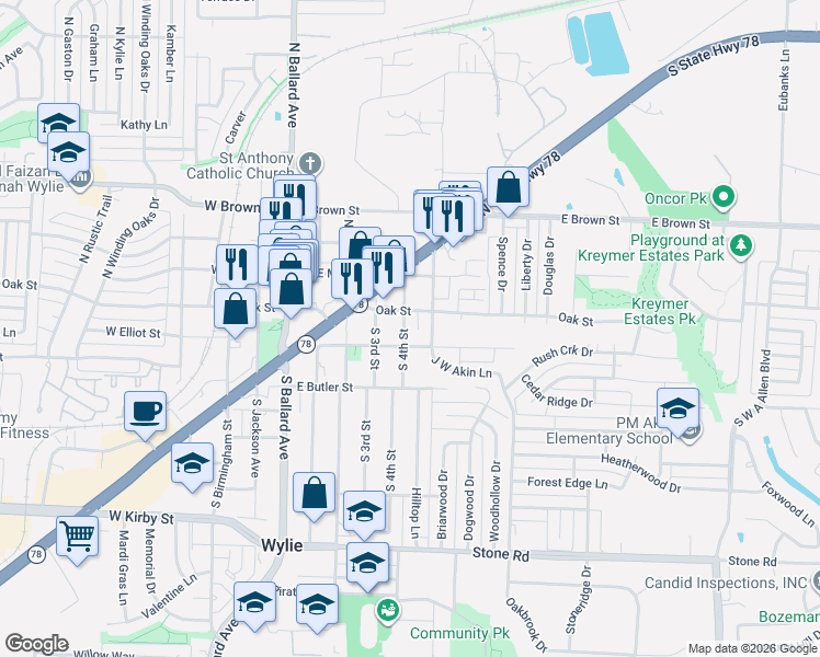 map of restaurants, bars, coffee shops, grocery stores, and more near 105 South 4th Street in Wylie