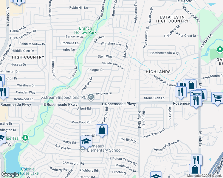 map of restaurants, bars, coffee shops, grocery stores, and more near 2102 Rose Cliff Lane in Carrollton
