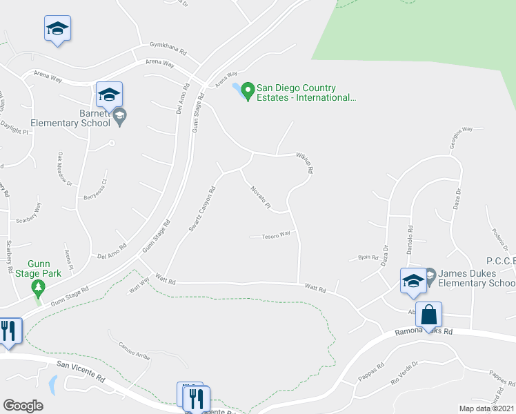 map of restaurants, bars, coffee shops, grocery stores, and more near 24503 Novato Place in Ramona