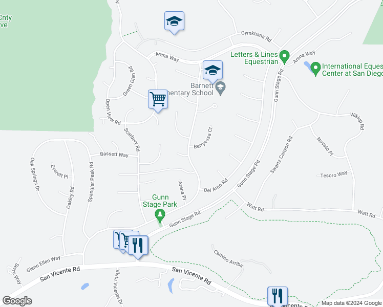 map of restaurants, bars, coffee shops, grocery stores, and more near 16403 Arena Drive in Ramona