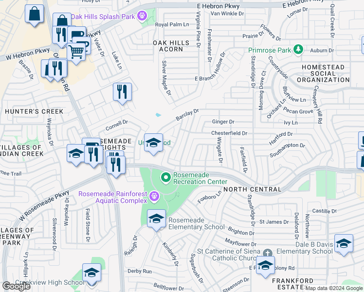 map of restaurants, bars, coffee shops, grocery stores, and more near 3715 Cromwell Drive in Carrollton