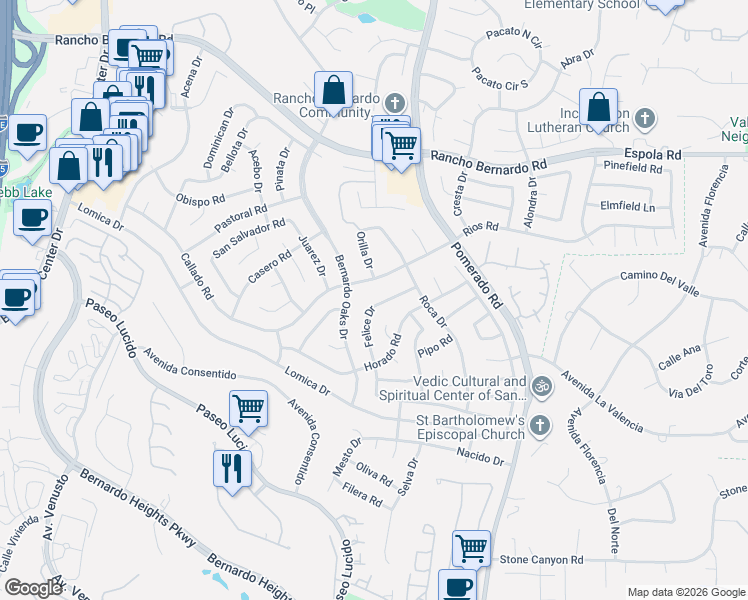 map of restaurants, bars, coffee shops, grocery stores, and more near 16526 Felice Drive in San Diego