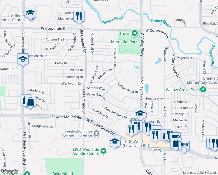 map of restaurants, bars, coffee shops, grocery stores, and more near 1205 Settlers Way in Lewisville
