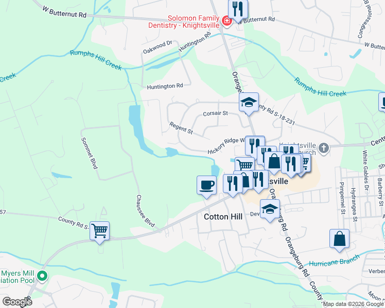 map of restaurants, bars, coffee shops, grocery stores, and more near 165 Hickory Ridge Way in Summerville