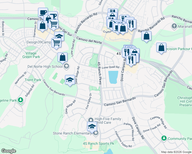 map of restaurants, bars, coffee shops, grocery stores, and more near 16552 Manassas Street in San Diego
