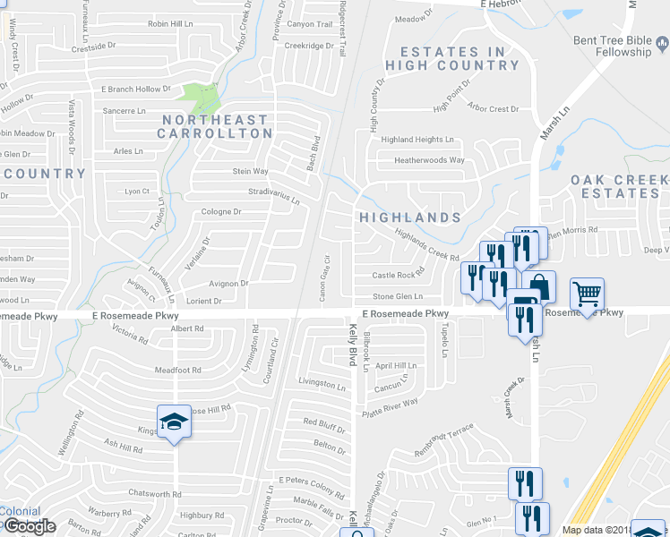 map of restaurants, bars, coffee shops, grocery stores, and more near 3716 Canon Gate Cir in Carrollton