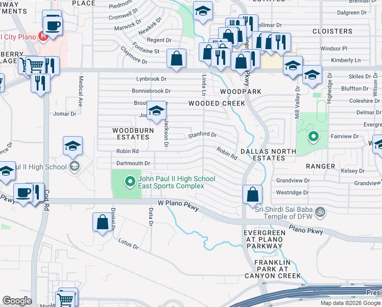 map of restaurants, bars, coffee shops, grocery stores, and more near 3112 Robin Road in Plano