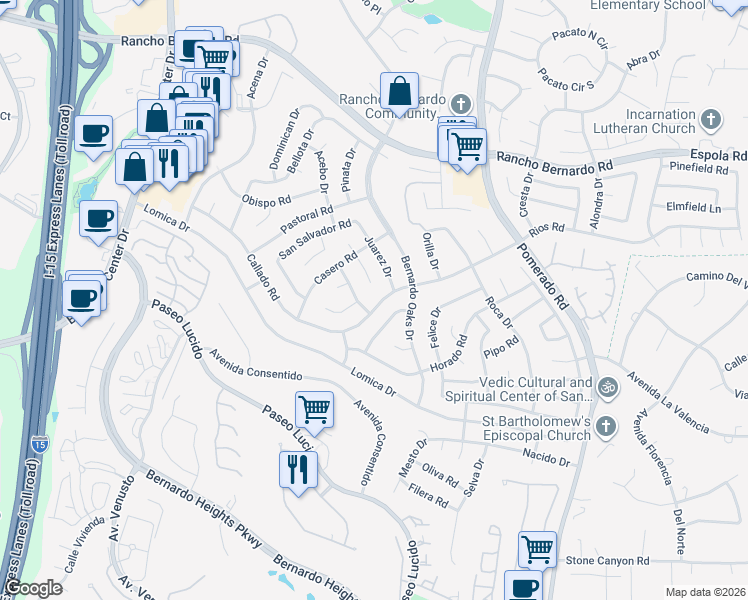 map of restaurants, bars, coffee shops, grocery stores, and more near 12246 Rios Road in San Diego