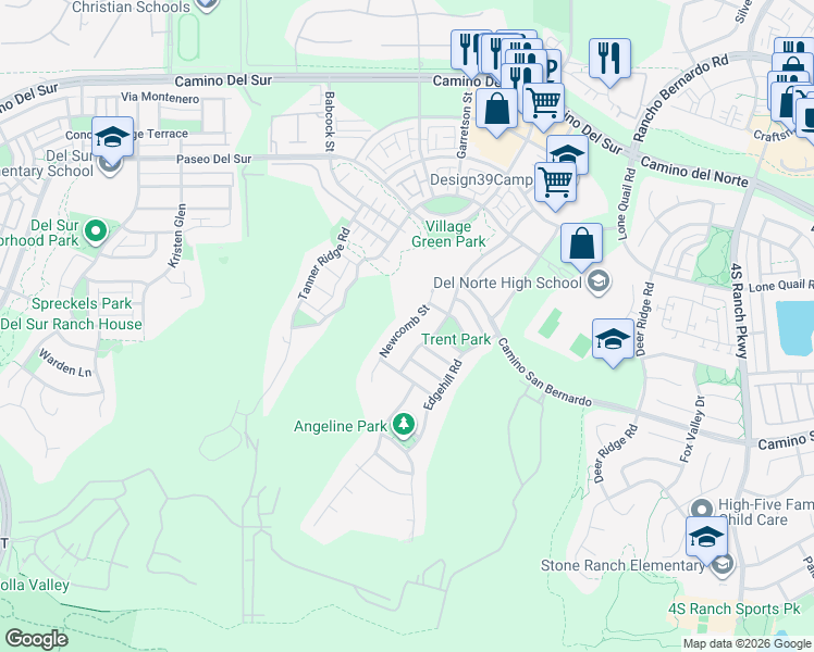 map of restaurants, bars, coffee shops, grocery stores, and more near 16555 Newcomb Street in San Diego