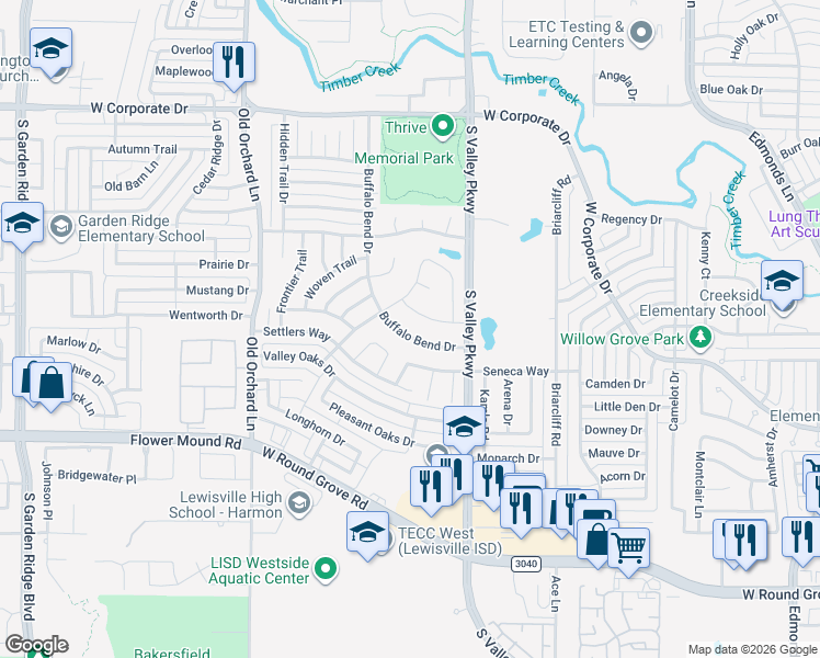 map of restaurants, bars, coffee shops, grocery stores, and more near 2021 Buffalo Bend Dr in Lewisville