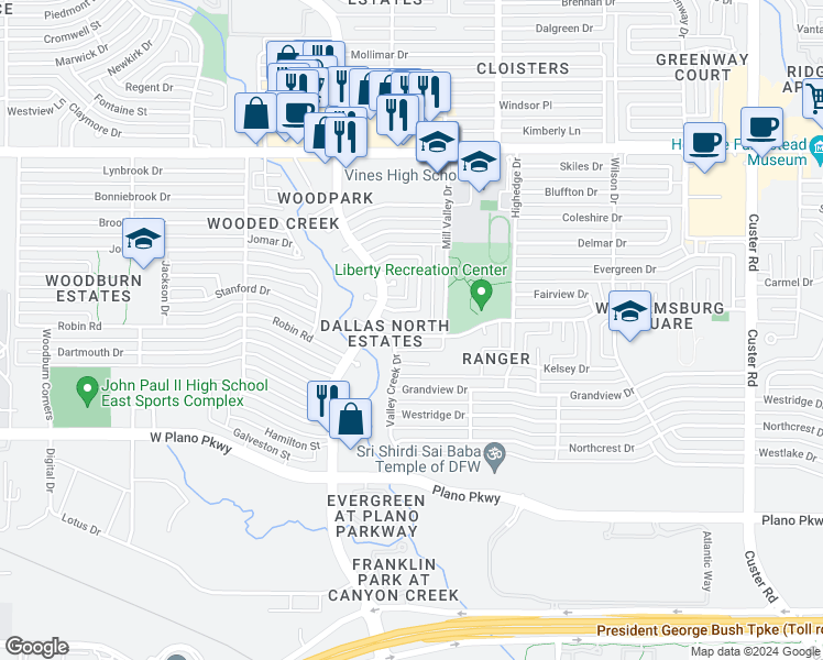 map of restaurants, bars, coffee shops, grocery stores, and more near 2717 Glencliff Drive in Plano