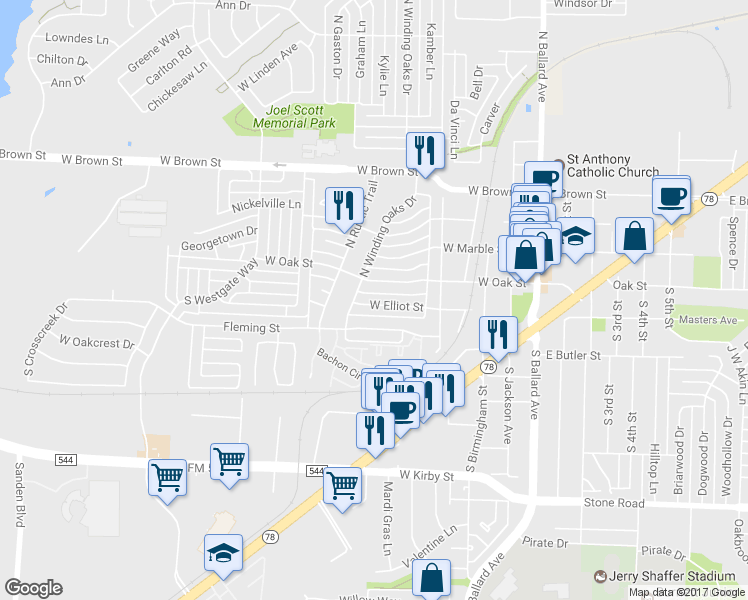 map of restaurants, bars, coffee shops, grocery stores, and more near 420 Elliot Street in Wylie
