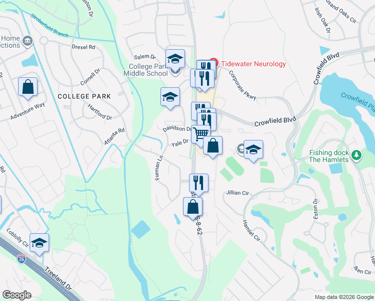 map of restaurants, bars, coffee shops, grocery stores, and more near 43 University Drive in Ladson