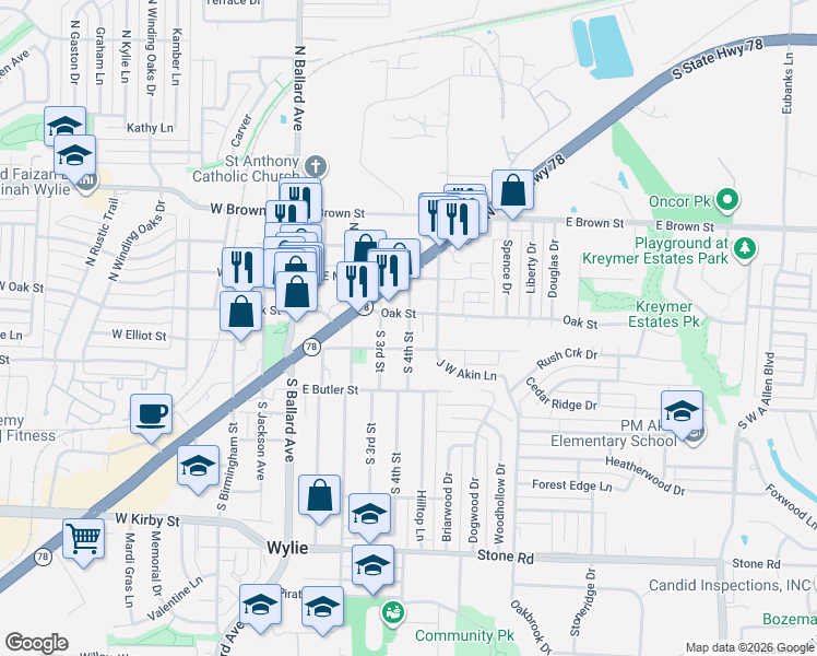 map of restaurants, bars, coffee shops, grocery stores, and more near 105 South 4th Street in Wylie