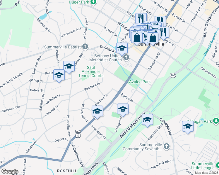 map of restaurants, bars, coffee shops, grocery stores, and more near 104 Rutherford Street in Summerville