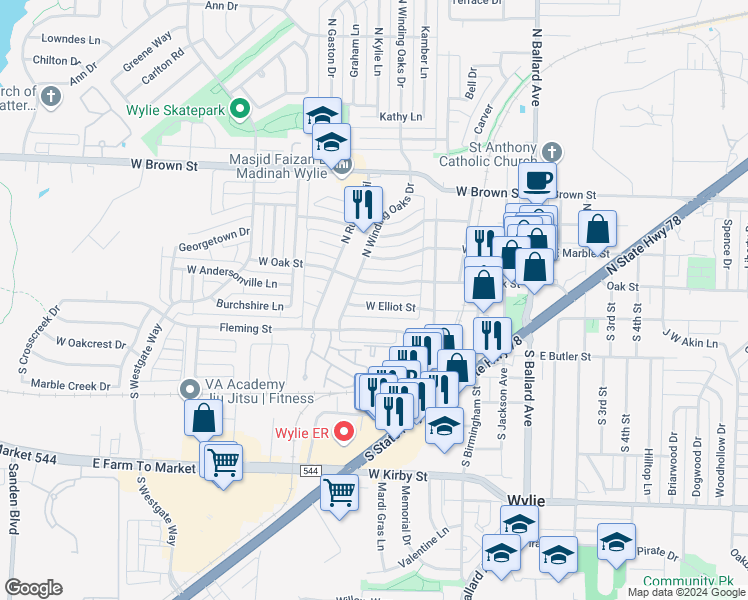 map of restaurants, bars, coffee shops, grocery stores, and more near 418 Elliot Street in Wylie