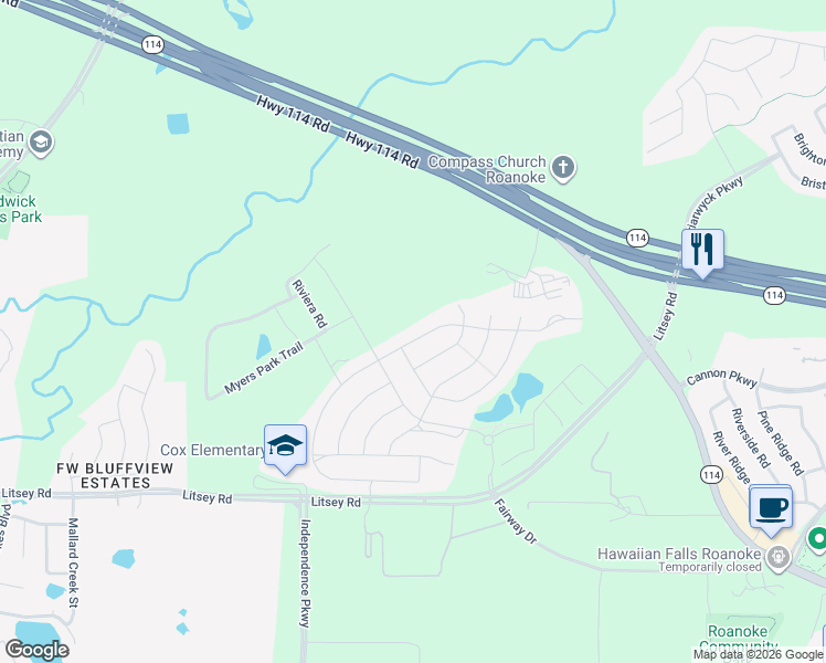 map of restaurants, bars, coffee shops, grocery stores, and more near 1117 Highpoint Way in Roanoke
