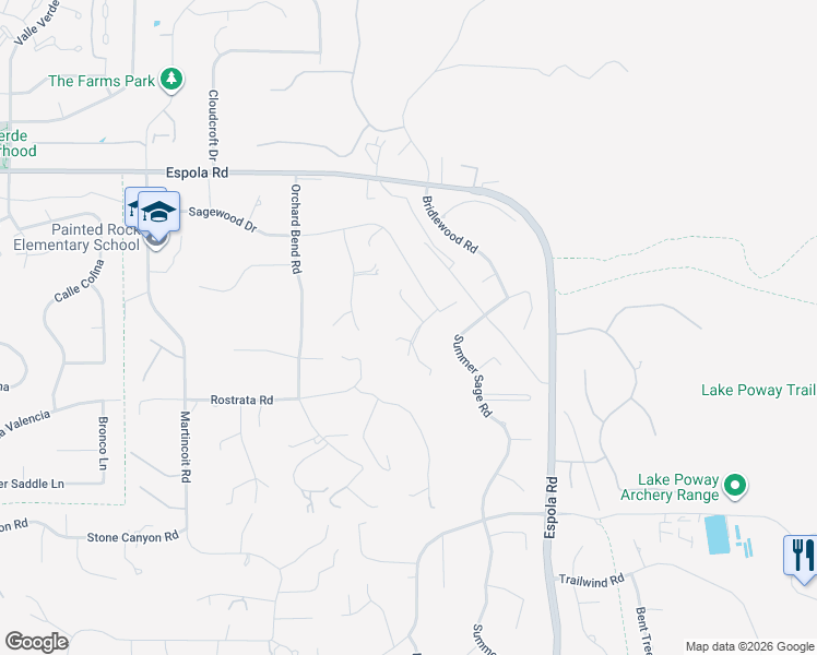 map of restaurants, bars, coffee shops, grocery stores, and more near 16504 Wilderness Road in Poway
