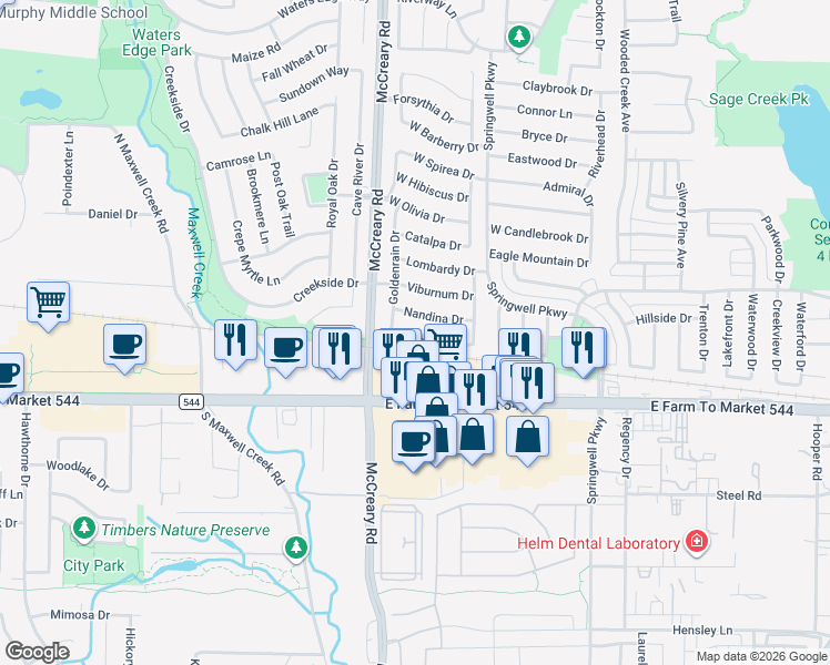map of restaurants, bars, coffee shops, grocery stores, and more near 3600 Oleander Drive in Wylie