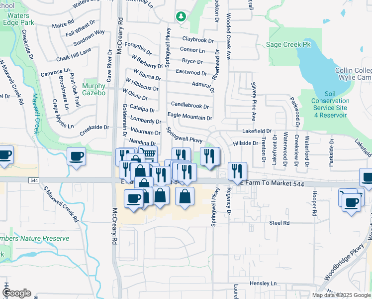 map of restaurants, bars, coffee shops, grocery stores, and more near 208 Hampstead Drive in Wylie