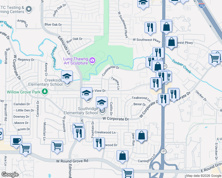 map of restaurants, bars, coffee shops, grocery stores, and more near 471 Valley View Drive in Lewisville