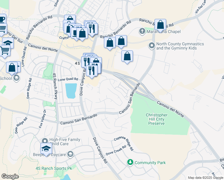 map of restaurants, bars, coffee shops, grocery stores, and more near 10953 La Alberca Avenue in San Diego