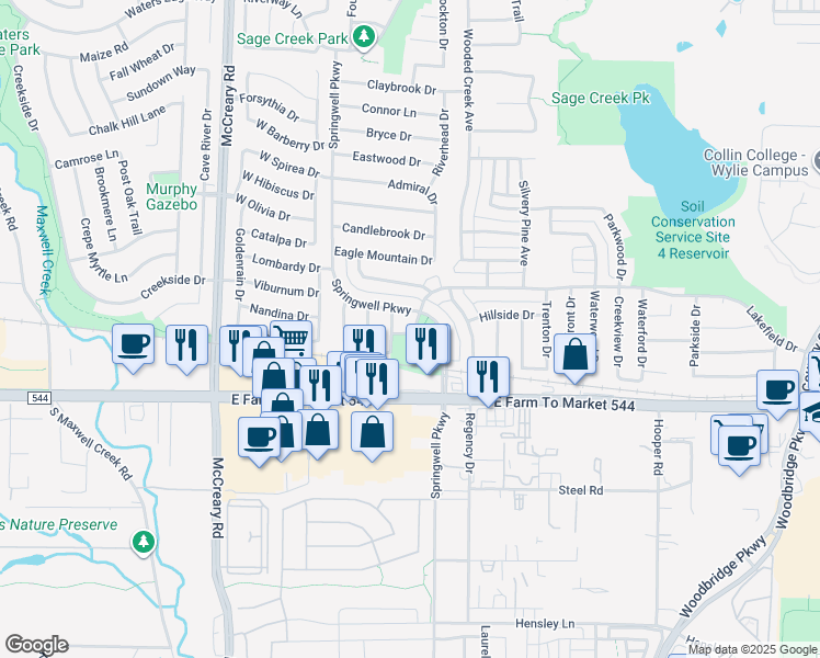 map of restaurants, bars, coffee shops, grocery stores, and more near 207 Lakefield Drive in Wylie