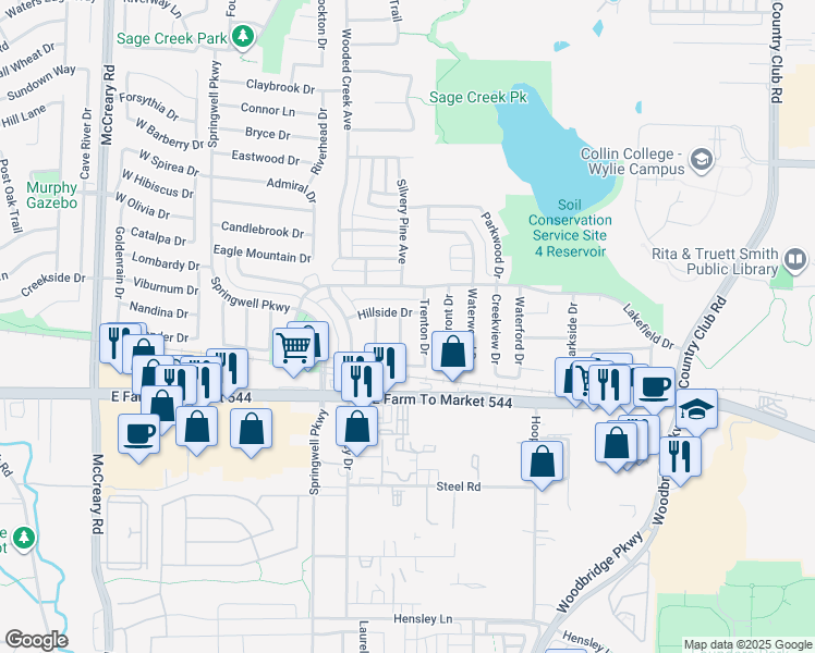 map of restaurants, bars, coffee shops, grocery stores, and more near 204 Grassy Creek Drive in Wylie