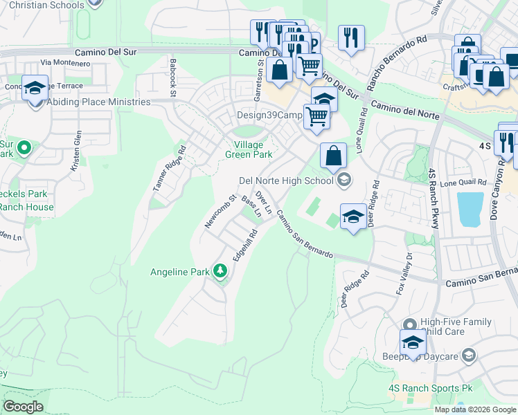 map of restaurants, bars, coffee shops, grocery stores, and more near 15890 Bass Lane in San Diego