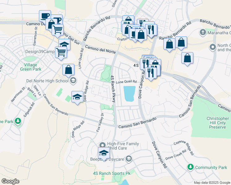 map of restaurants, bars, coffee shops, grocery stores, and more near 16557 4S Ranch Parkway in San Diego
