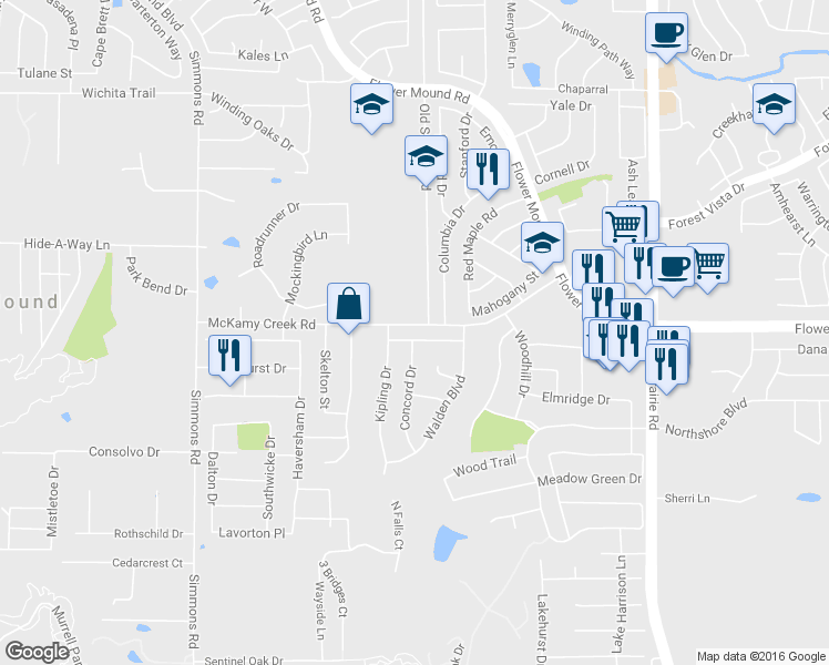 map of restaurants, bars, coffee shops, grocery stores, and more near 3308 Merrimack Lane in Flower Mound