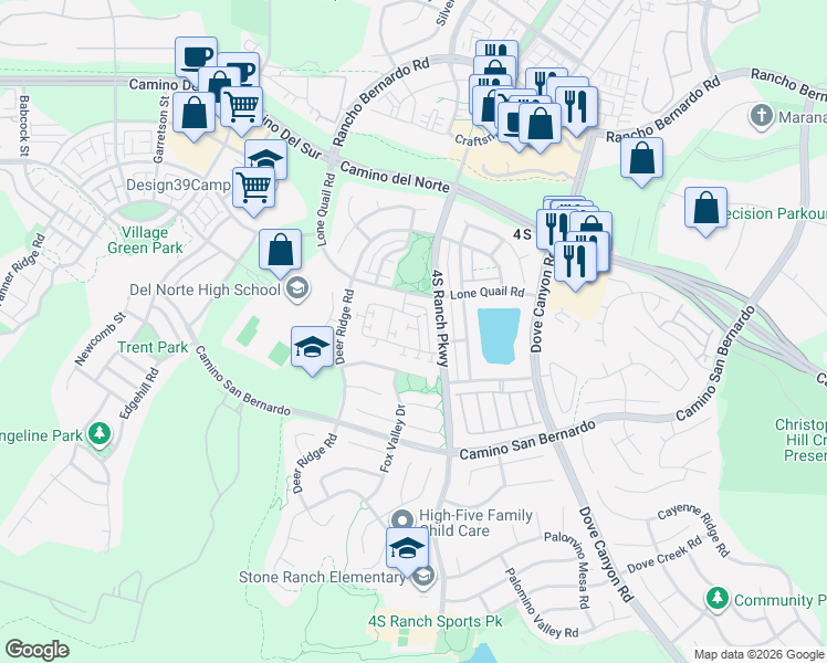 map of restaurants, bars, coffee shops, grocery stores, and more near 9712 Fieldthorn Street in San Diego